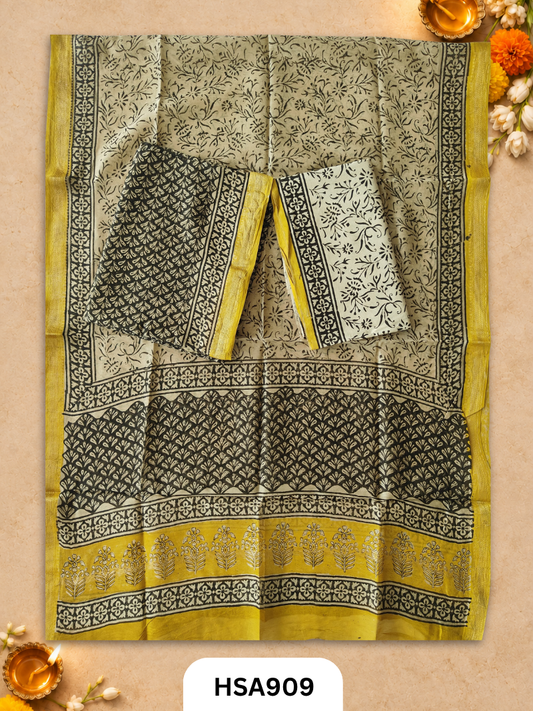 HandBlock Printed Maheshwari Silk Zari Border Top & dupttas 2.5 Mtrs | Bottom cotton 2.50 mtrs