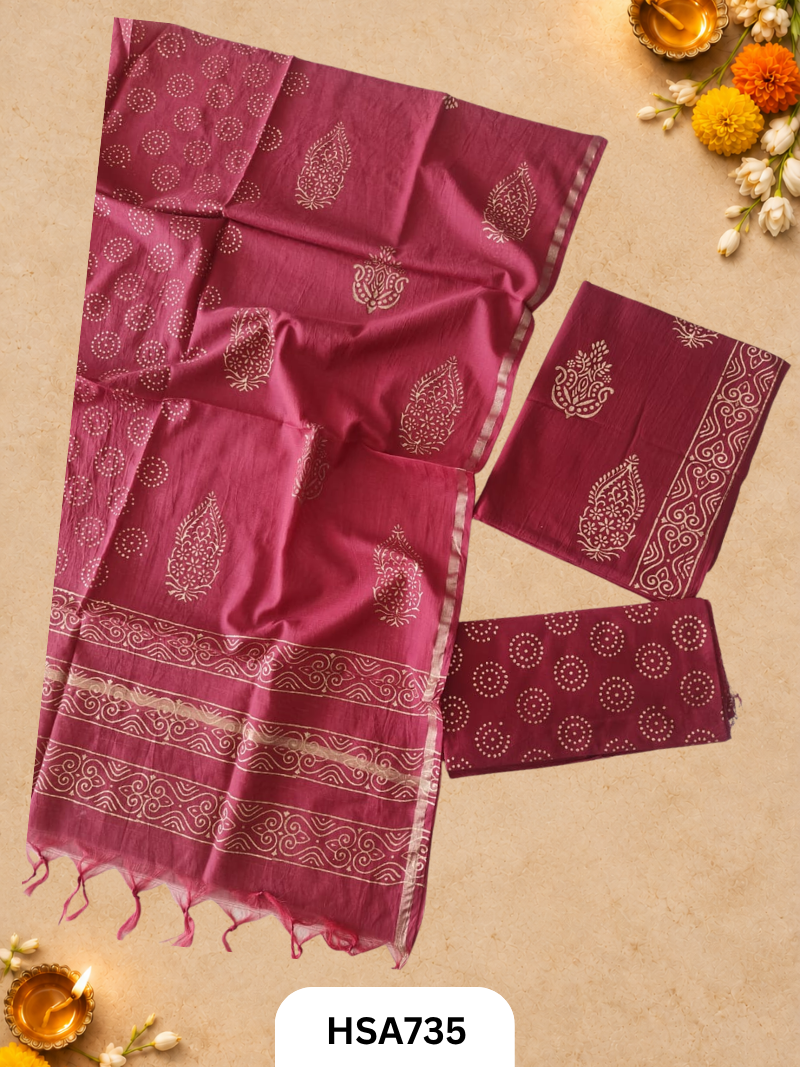 HandBlock Printed Chanderi Silk Dupatta With Cotton Suits -Top 2.5M Duptta 2.5M