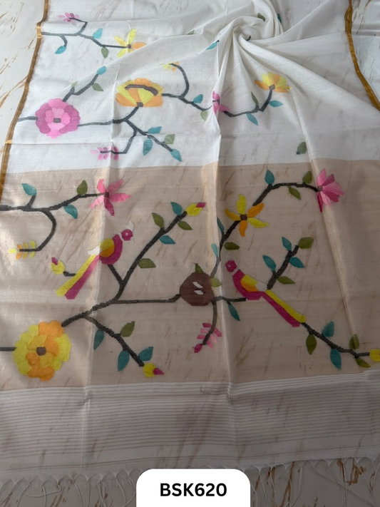 Handloom Pure Muslin Jamdhani With Hand Needle Work Saree