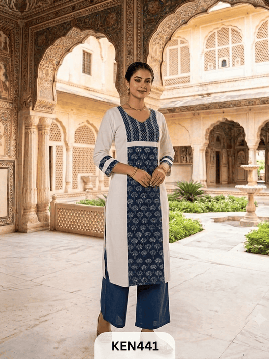 COTTON NATURAL & PLAIN COMBINATION KURTI WITH POCKET