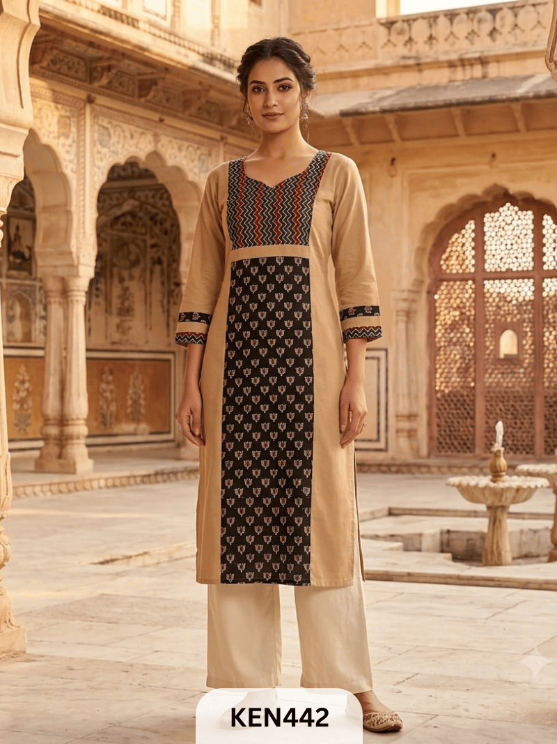COTTON NATURAL & PLAIN COMBINATION KURTI WITH POCKET