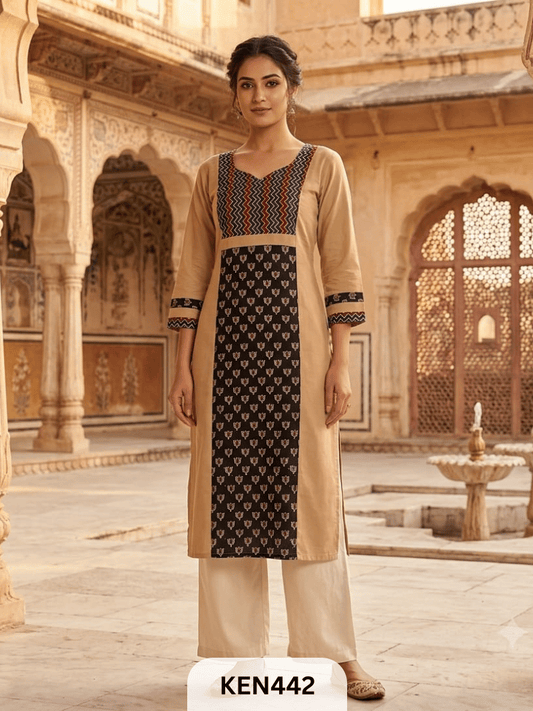 COTTON NATURAL & PLAIN COMBINATION KURTI WITH POCKET