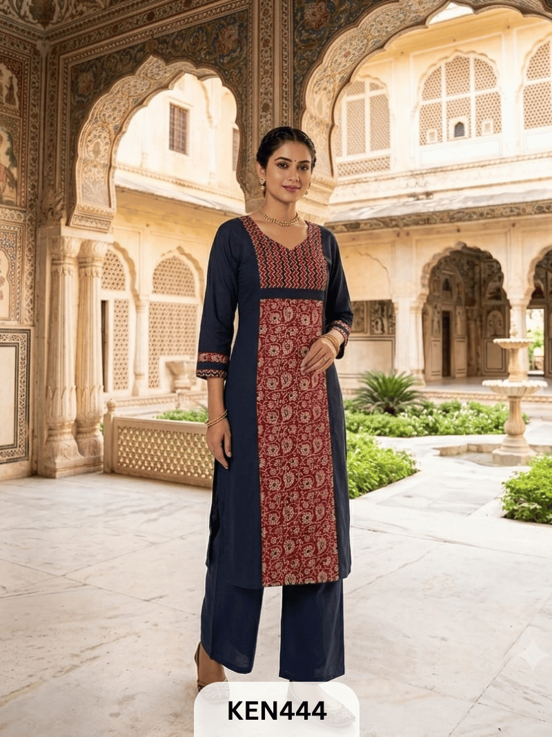 COTTON NATURAL & PLAIN COMBINATION KURTI WITH POCKET