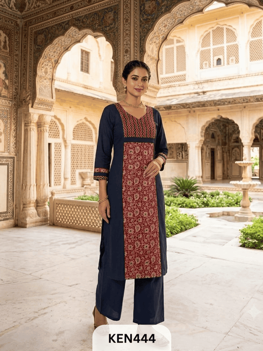 COTTON NATURAL & PLAIN COMBINATION KURTI WITH POCKET