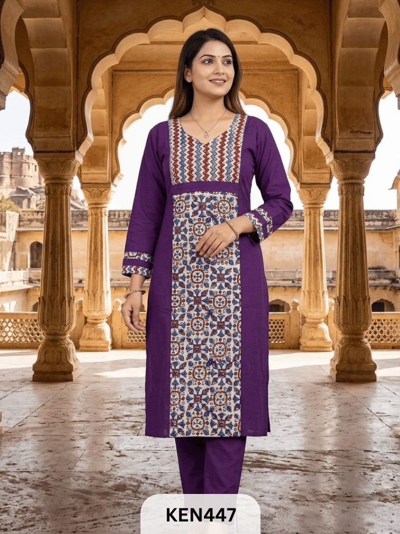 COTTON NATURAL & PLAIN COMBINATION KURTI WITH POCKET
