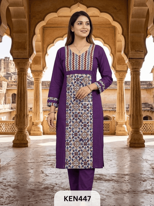 COTTON NATURAL & PLAIN COMBINATION KURTI WITH POCKET