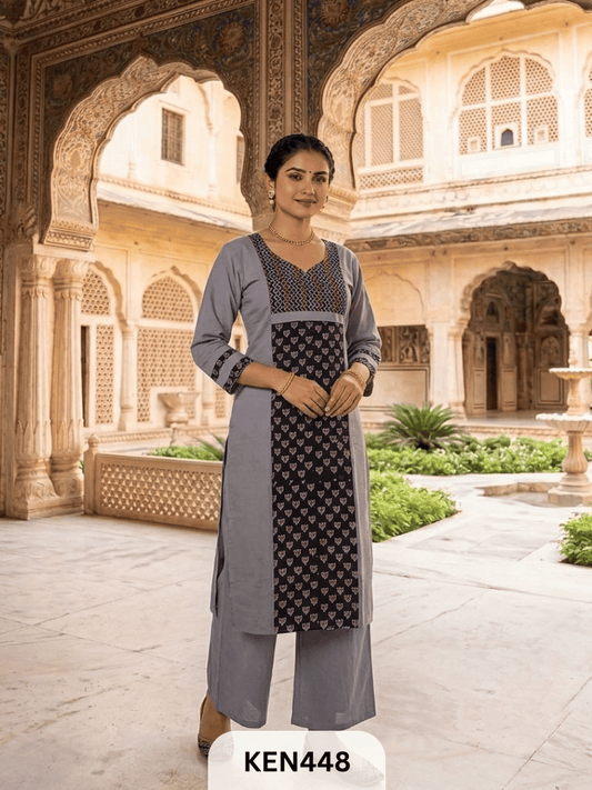 COTTON NATURAL & PLAIN COMBINATION KURTI WITH POCKET