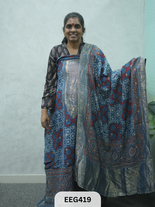 AJRAKH DOLA SILK 2 PCS-UNSTITCHED ( TOP 3.5MTR AND DUPPATA 2.25MTR ) - IMMEDIEATE DISPATCH