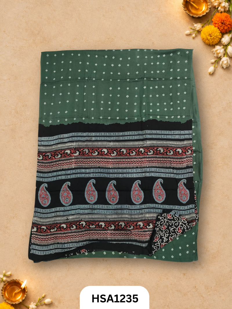 Hand Block Print Ajarkh Vanaspati Modal Silk Saree with blouse