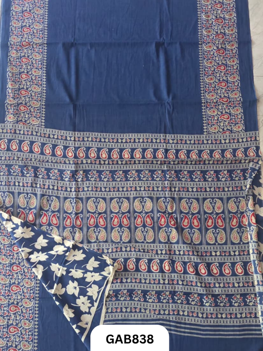 Bagru Block Print Cotton Mulmul Sarees With Running Blouse