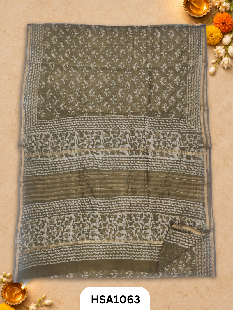 Pure Hand Block Printed Chanderi Silk Saree With Printed Blouse