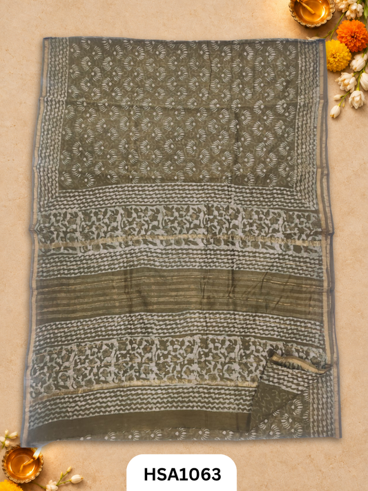 Pure Hand Block Printed Chanderi Silk Saree With Printed Blouse