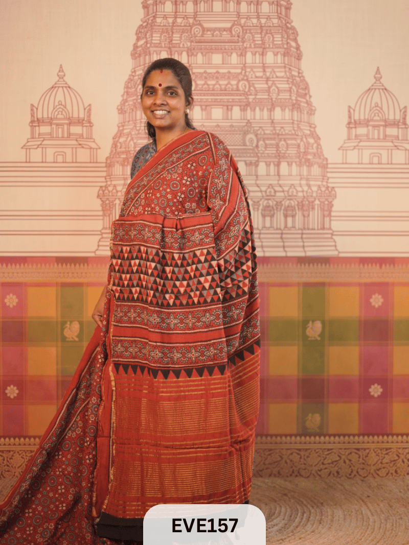 PURE CHANDERI SILK AJRAKH HANDBLOCK SAREE