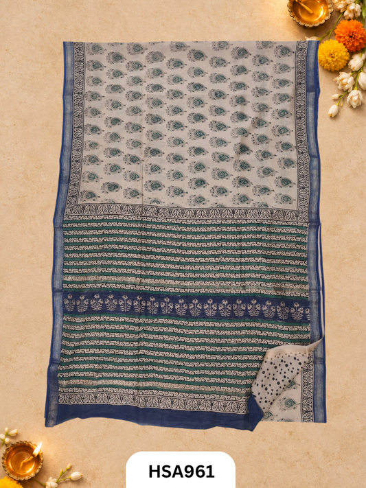Pure Maheswari Silk Cotton - Handblock Print Saree With Blouse
