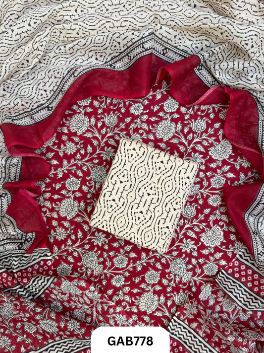 Handblock Cotton Suits With Mulmul Cotton Dupatta | Top 2.5 Mtr Dupatta 2.5 Mtr