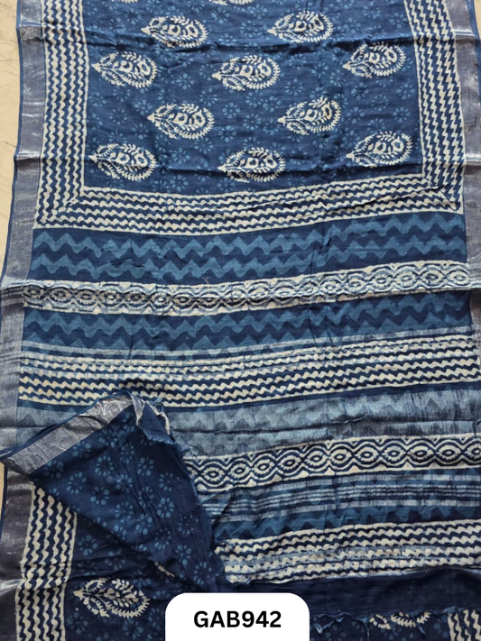 Bagru Handblock Print Linen Saree With Attached Blouse