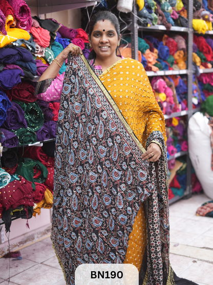 AJRAKH BANDHEJ WITH SKIRT BORDER SAREES | MODAL GAJI FABRIC