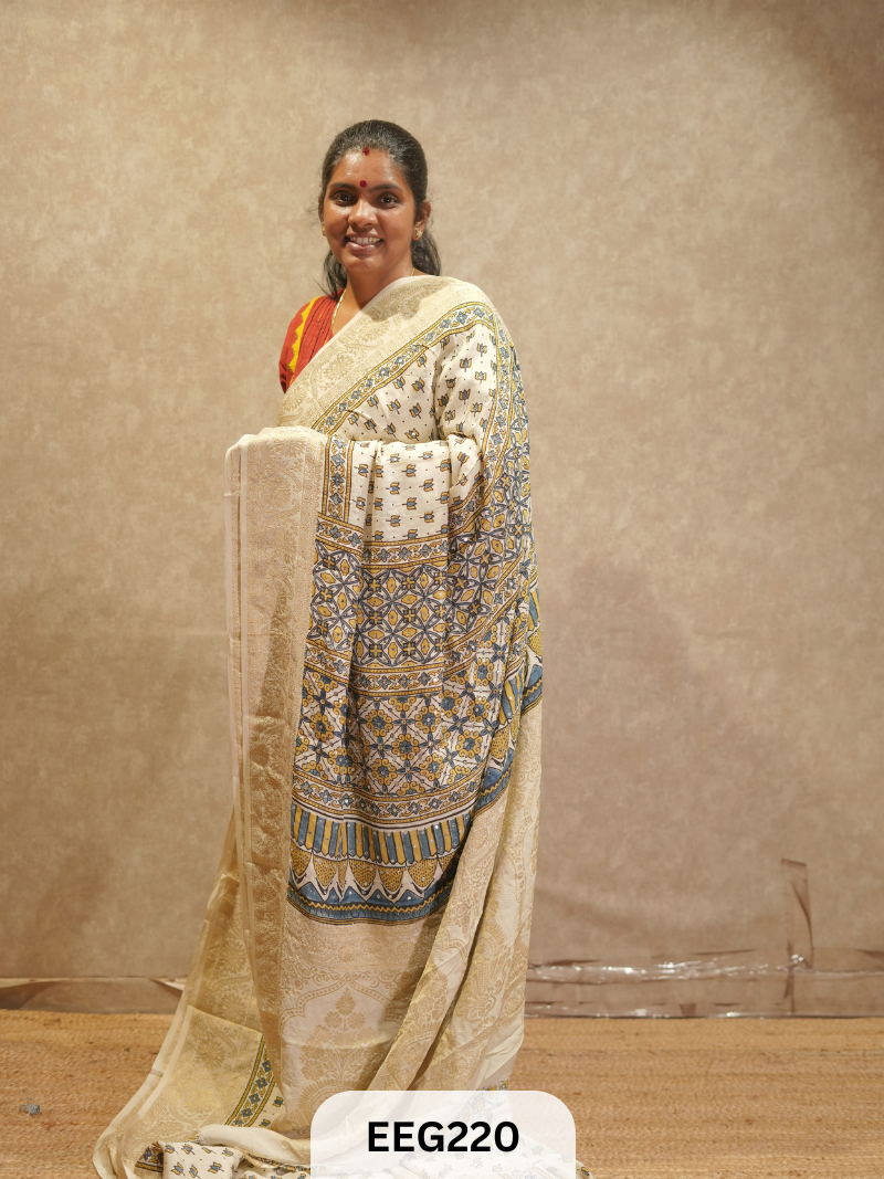 AJRAKH DOLA SILK SAREE WITH MIRROR WORK - IMMEDIATE DISPATCH