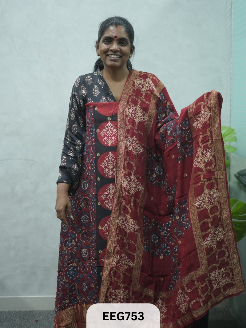 AJRAKH DOLA SILK 2 PCS-UNSTITCHED ( TOP 3.5MTR AND DUPPATA 2.25MTR )