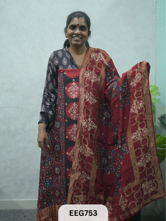 AJRAKH DOLA SILK 2 PCS-UNSTITCHED ( TOP 3.5MTR AND DUPPATA 2.25MTR )