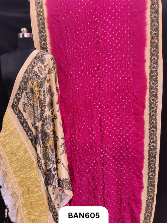 Semi Gaji ts kalamkari digital print pallu, blouse and border with bandhej saree