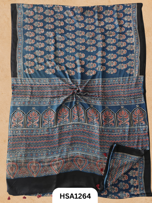 Natural Dye Vegetable Hand Block Print Ajrakh Print Pure Modal Silk Saree