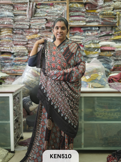 MODAL NATURAL AJRAKH HANDBLOCK SAREE WITH GLUE MIRROR