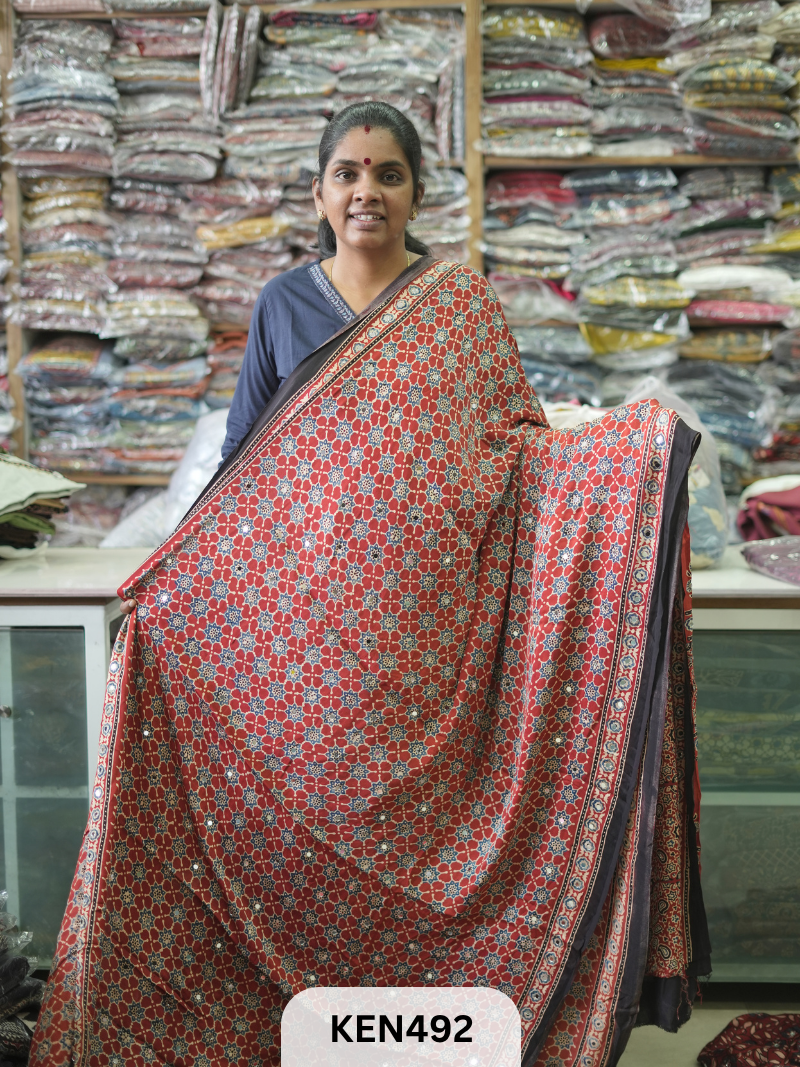 MODAL NATURAL AJRAKH HANDBLOCK SAREE WITH GLUE MIRROR