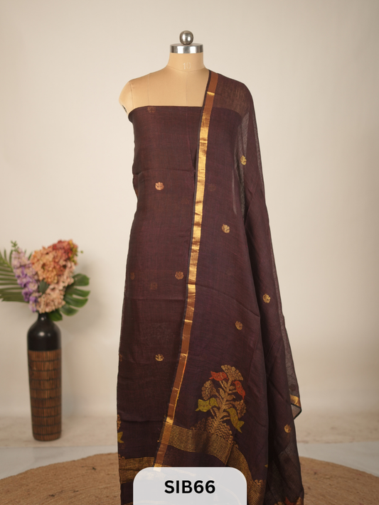 FUSION PURE LINEN INTO KANCHIPURAM SALWAR SUIT - HANDLOOM