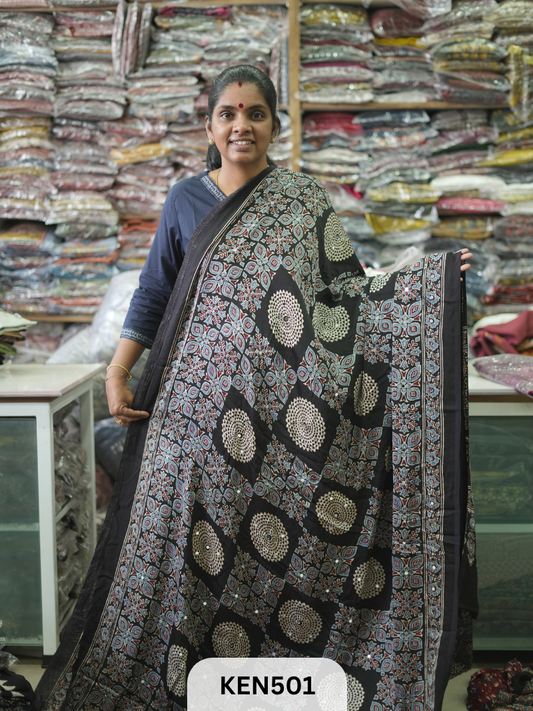 MODAL NATURAL AJRAKH HANDBLOCK SAREE WITH GLUE MIRROR