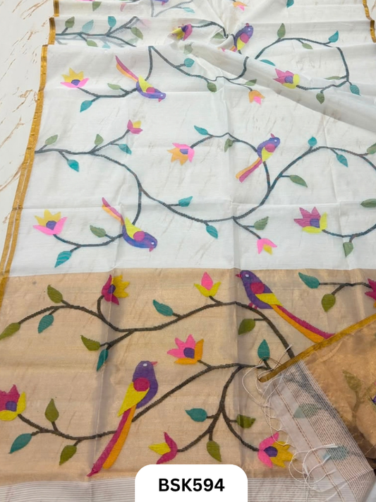 Handloom Pure Muslin Jamdhani With Hand Needle Work Saree