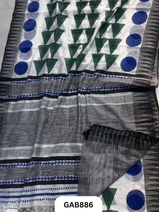 Temple Zari Border Hand Block Printed Katan Cotton Silk Saree With Running Blouse
