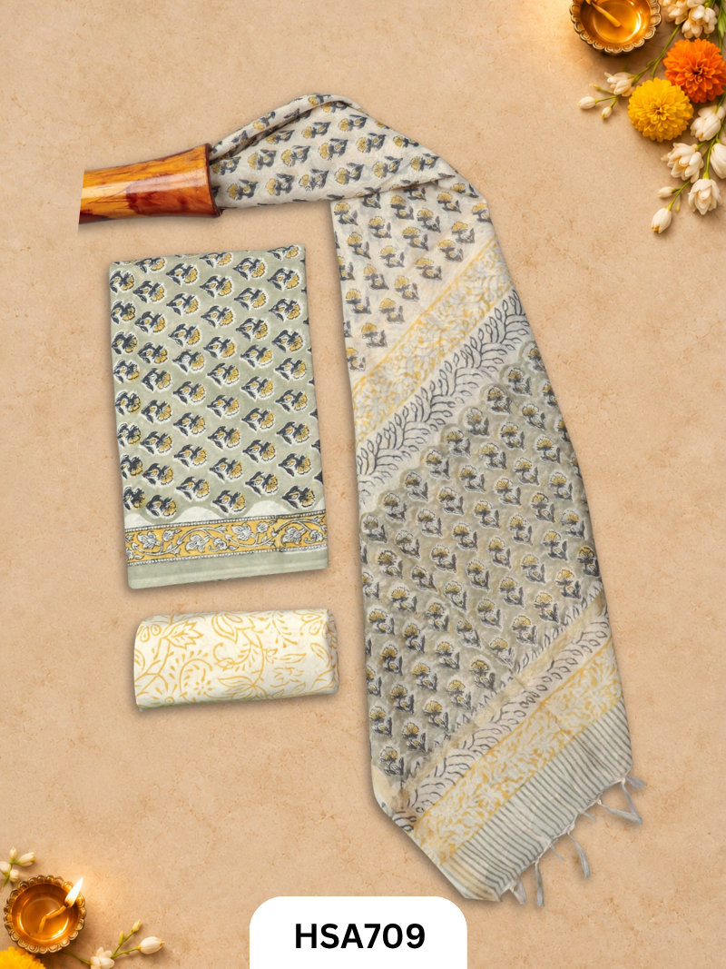 HandBlock Printed Chanderi Silk Dupatta With Cotton Suits -Top 2.5M Duptta 2.5M