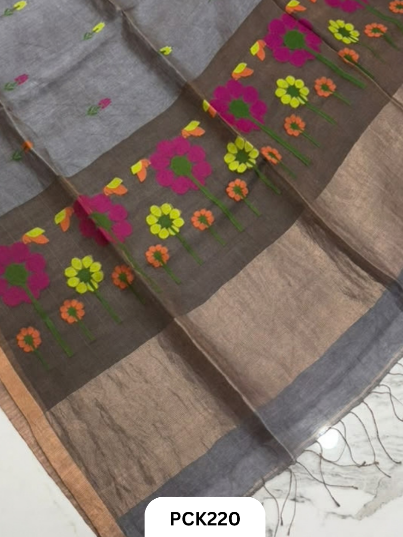Pure Handloom Linen Silk Saree with Jamdani Weave