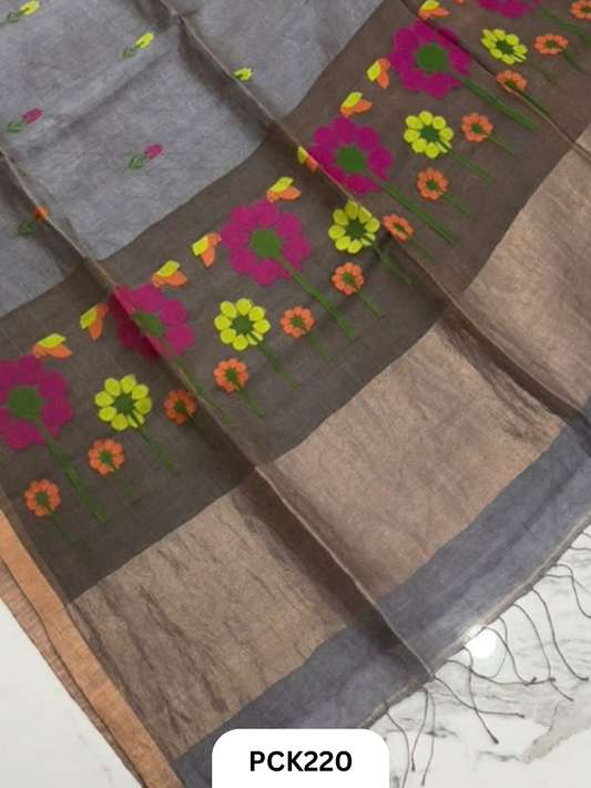 Pure Handloom Linen Silk Saree with Jamdani Weave