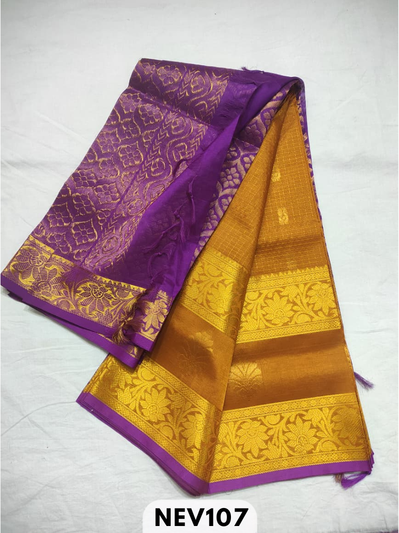 Handloom Silkcotton Long border zari checked butta with rich pallu saree