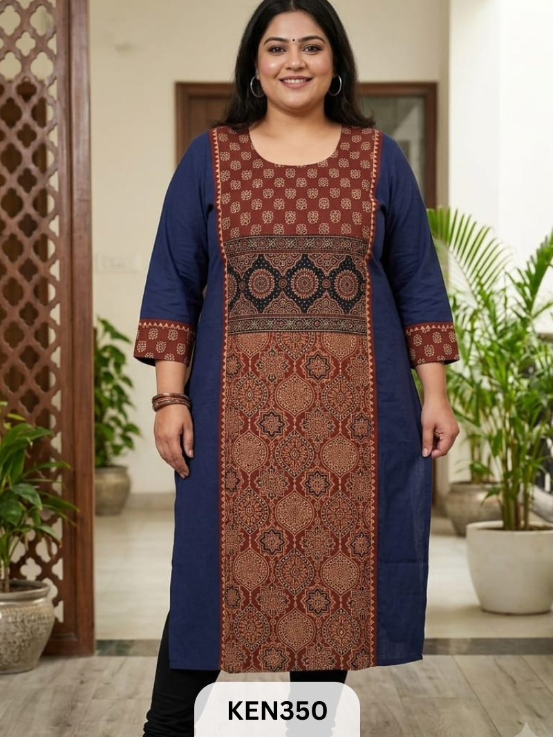 COTTON PLAIN KURTI WITH AJRAKH PANEL WITH POCKET
