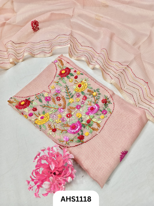 Tissue Kota Doria With Hand Fullkari Work Salwar Suit - Top & Duppatta 2.5mtr