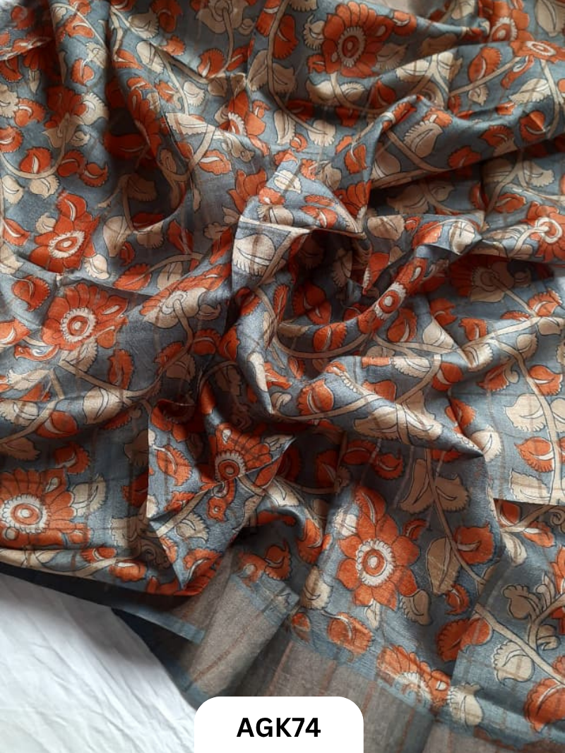 Premium Check Tussar Blouse Piece with Kalamkari Print – 80 CM