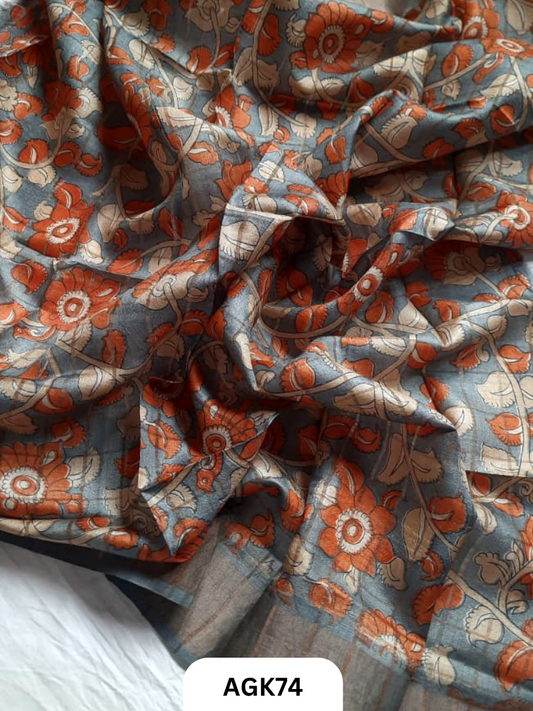 Premium Check Tussar Blouse Piece with Kalamkari Print – 80 CM