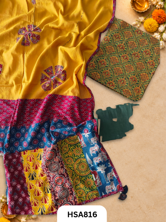 Ajrahk Print With Patch Work And Mirror Work Dupatta