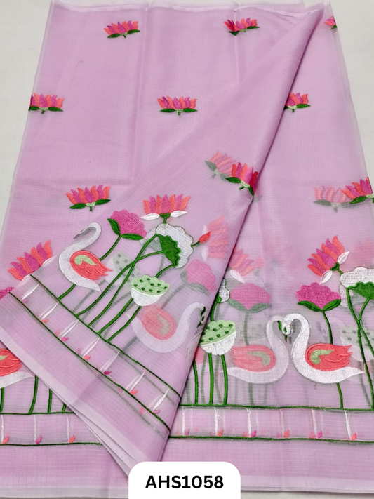 Kota Cotton Lotus & Swan Embroidery  Work Saree with Blouse