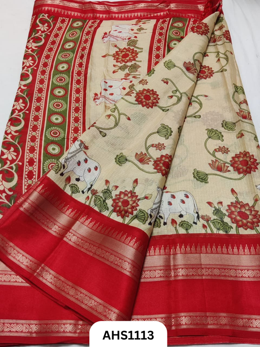 Heavy Kota Doria Saree With Beautiful Pichwai Print & Bentex Woven Border