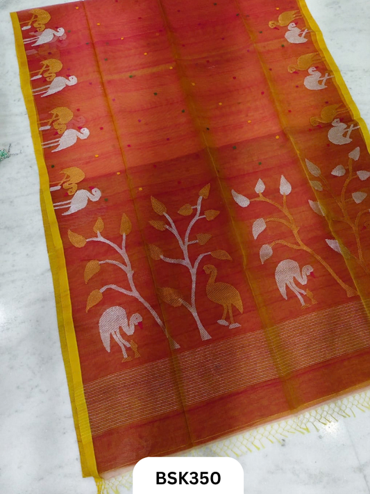 Handloom Pure Muslin Silk  With Jamdhani Weave Saree