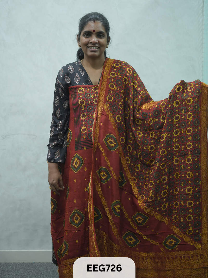 AJRAKH DOLA SILK 2 PCS-UNSTITCHED ( TOP 3.5MTR AND DUPPATA 2.25MTR ) - IMMEDIEATE DISPATCH