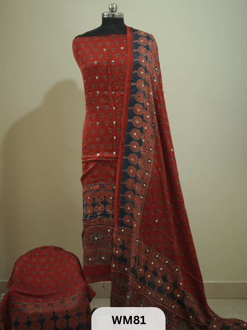 MODAL AJRAKH WITH GLUED MIRROR SALWAR SUIT - 3PCS