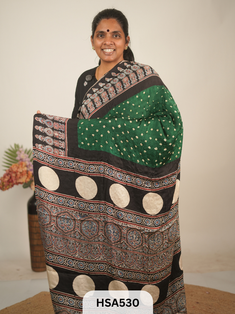MODAL AJRAKH WITH BANDHINI SAREE