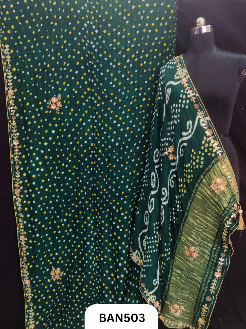 Semi gaji silk tissue pallu dani bandhej saree with khatli handwork