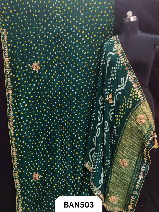 Semi gaji silk tissue pallu dani bandhej saree with khatli handwork