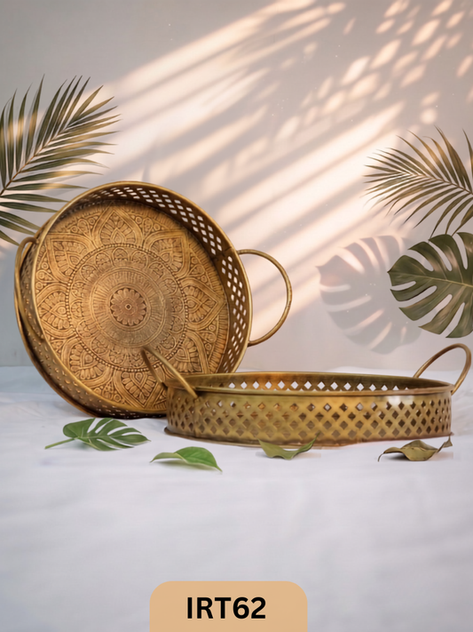 Jodhpur Royale Mandala Serving Tray Set | Luxury Antique Gold Decorative Metal Tray